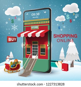 Merry Christmas And Happy New Year. Winter Snowy. Shopping Online Mobile Phone VECTOR