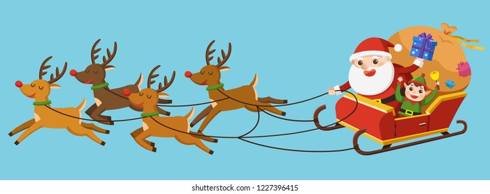 Merry Christmas And Happy New Year Greeting Card. Santa riding in sledge with reindeers.