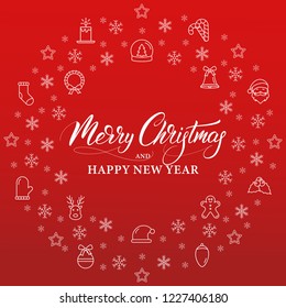Merry Christmas and Happy New Year. Winter holiday banner with linear icons decorations and Xmas calligraphy.