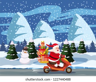 Merry Christmas and Happy New Year, Happy Santa Claus with a gifts box riding a scooter. Winter landscape background, Christmas trees, pines, snowman, snow. Christmas holiday theme design element for