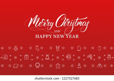 Merry Christmas and Happy New Year. Winter holiday banner with linear icons decorations and Xmas calligraphy.