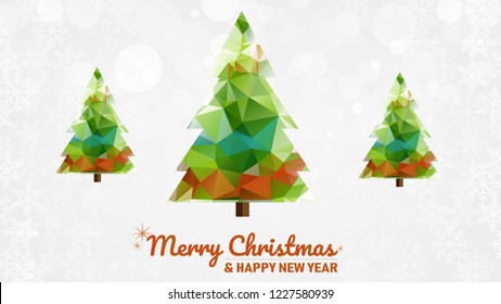 Merry Christmas and Happy New Year Decorations Card, Colorful Christmas Tree with Snow Flake Bokeh Backgrounds.
