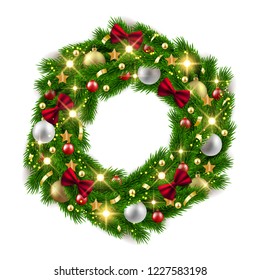 Merry Christmas Happy New Year fir tree wreath with decorations, vector illustration