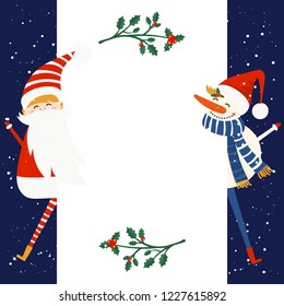 Merry Christmas and Happy New Year winter holidays greeting card with snowman and Santa Claus. Vector illustration