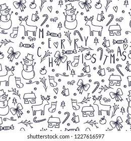 Merry Christmas and Happy New Year winter seamless pattern with holidays objects. Vector illustration