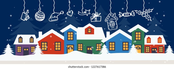 Merry Christmas and Happy New Year winter holidays banner with holidays objects. Vector illustration