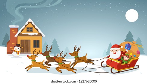 Merry Christmas And Happy New Year Greeting Card. Santa riding in sledge with reindeers.