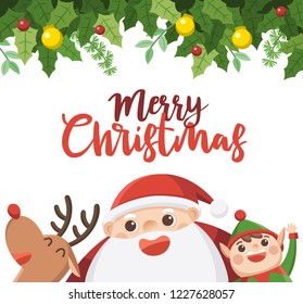 Merry Christmas And Happy New Year Greeting Card. Santa with elf and reindeer.