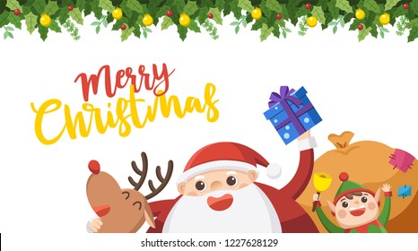 Merry Christmas And Happy New Year Greeting Card. Santa with elf and reindeer.
