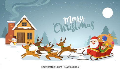 Merry Christmas And Happy New Year Greeting Card. Santa riding in sledge with reindeers.