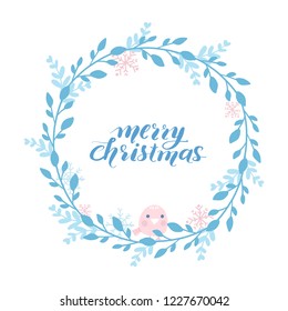 Merry Christmas and Happy New Year vector card. Frame, border with leaves and branches. Greeting cards. Hand drawn lettering phrase for holidays design, posters. Illustration Eps10.