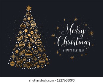 Merry Christmas And Happy New Year Greeting Card. Vector Illustration Of A Golden Christmas Tree And White Cursive Inscription With Glitter. Isolated On A Black Background.