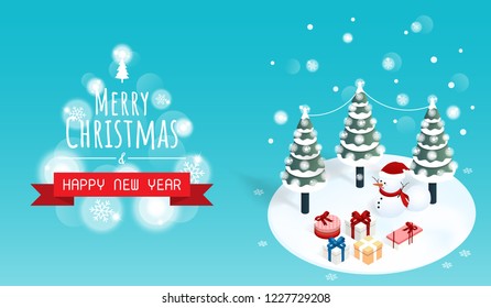 merry christmas and happy new year, isometric christmas tree snow  gift box vector