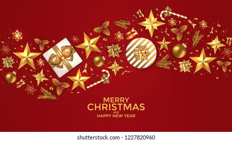 Merry Christmas and Happy New Year background design with Holiday ornaments decoration.Luxury greeting card.Vector illustration