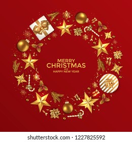 Merry Christmas and Happy New Year background design with Holiday ornaments decoration.Luxury greeting card.Vector illustration