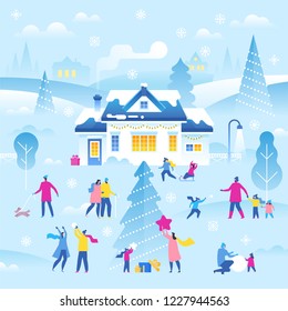 Merry Christmas and Happy New Year greeting card and banner. Winter landscape with house and small people. Vector illustration in trendy flat simple style