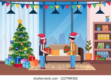 merry christmas happy new year couple give each other present gift box in living room pine tree home interior decoration winter holiday concept flat horizontal vector illustration