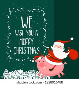 Merry Christmas and Happy New Year winter holidays greeting card with pig how symbol of year and Santa Claus. Vector illustration