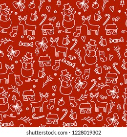 Merry Christmas and Happy New Year winter seamless pattern with holidays objects. Vector illustration