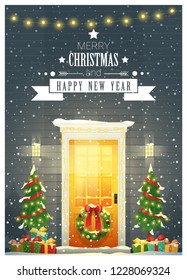Merry Christmas and Happy New Year background with decorated Christmas front door , vector , illustration