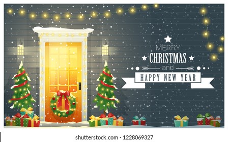 Merry Christmas and Happy New Year background with decorated Christmas front door , vector , illustration