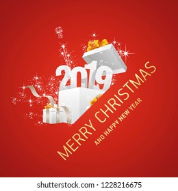 Merry Christmas and Happy New Year 2019 firework red greeting card