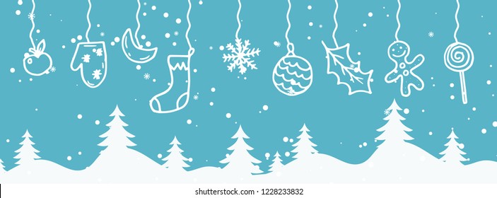 Merry Christmas and Happy New Year winter holidays banner with holidays objects. Vector illustration
