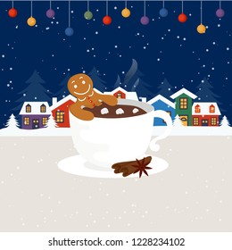 Merry Christmas and Happy New Year winter holidays greeting card with gingerbread man. Vector illustration