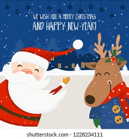 Merry Christmas and Happy New Year winter holidays greeting card with Santa Claus and reindeer. Vector illustration