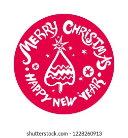 Merry Christmas & Happy New Year! Christmas tree and stars. Red round stamp vector template for the New Year design.