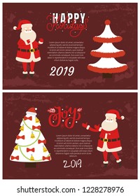 Merry Christmas and Happy New Year 2019 greeting cards Santa Claus and Xmas tree. Decorated and abstract spruces, holiday adventures vector postcards