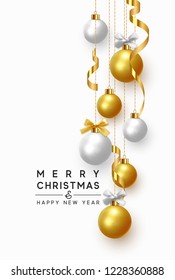 Merry Christmas and Happy New Year. Background hanging gold and white balls with ribbon and bow. Xmas greeting card with decorative bauble