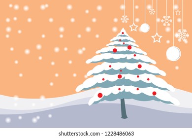 Merry christmas and Happy New Year, with Christmas tree and snows backdrop.