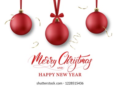 Merry Christmas and Happy New Year. Winter holiday banner with Xmas balls, confetti and calligraphy.