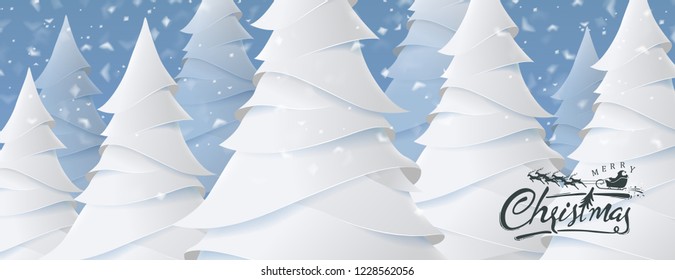 Merry Christmas and Happy New Year background for Greeting cards with christmas tree landscape and snowing paper art style.Calligraphy of christmas.Vector illustration. 