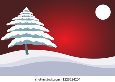 Merry christmas and Happy New Year, with Christmas tree - Moon with red sky as a backdrop.