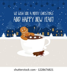Merry Christmas and Happy New Year winter holidays greeting card with gingerbread man. Vector illustration
