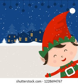 Merry Christmas and Happy New Year winter holidays greeting card with elf. Vector illustration