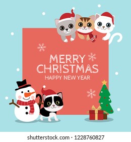 Merry Christmas and happy new year greeting card with cute cat wear Santa Claus hat, snowman and tree. Animal holidays cartoon character. Funny kitten set.
