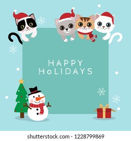 
Merry Christmas and happy new year greeting card with cute cat wear Santa Claus hat. Animal holidays cartoon character. Funny kitten set.