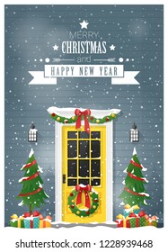 Merry Christmas and Happy New Year background with decorated Christmas front door , vector , illustration