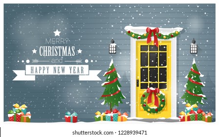 Merry Christmas and Happy New Year background with decorated Christmas front door , vector , illustration