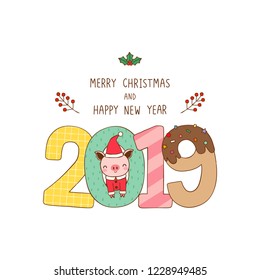 Merry christmas and happy new year greeting card. Pig Chinese zodiac symbol of the year. Cute pig and numbers 2019 cerebrating. Flat design. Colored vector Illustration.