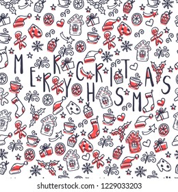 Merry Christmas and Happy New Year winter seamless pattern with holidays objects. Vector illustration