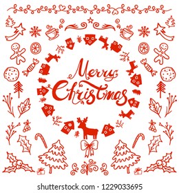 Merry Christmas and Happy New Year winter holidays greeting card with holidays objects. Vector illustration