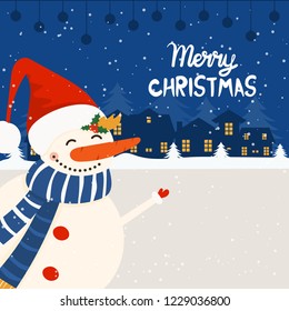 Merry Christmas and Happy New Year winter holidays greeting card with snowman. Vector illustration