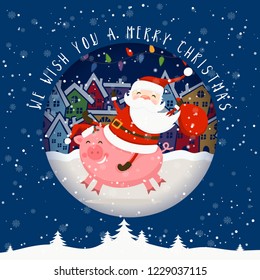 Merry Christmas and Happy New Year winter holidays greeting card with pig how symbol of year and Santa Claus. Vector illustration