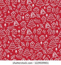 Merry Christmas and Happy New Year winter seamless pattern with holidays objects. Vector illustration