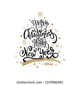 Merry Christmas and Happy New Year large postcard with calligraphic text with golden stars