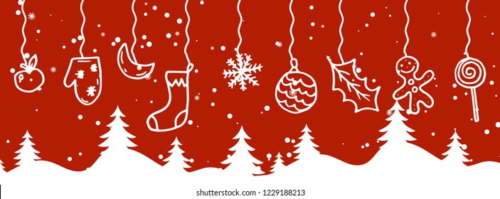 Merry Christmas and Happy New Year winter holidays banner with holidays objects. Vector illustration